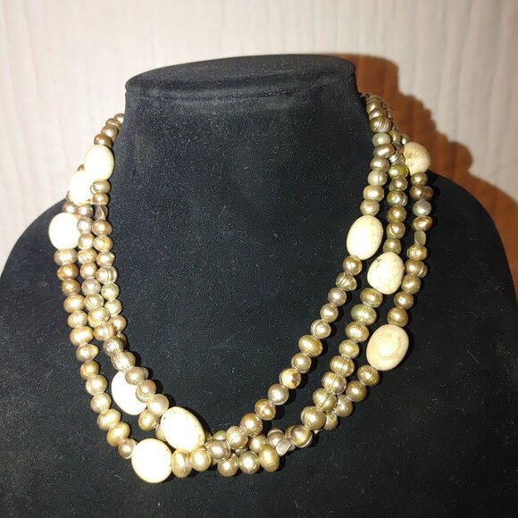 Cultured Pearl Necklace Baroque Sterling Stone Beige Cream Rock Statement Earth - Picture 8 of 16